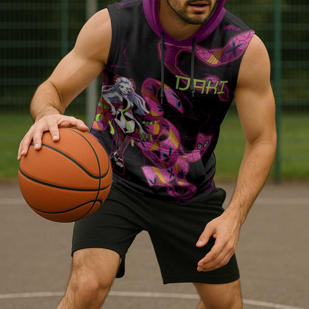 Daki Demon Slayer Theme Sleeveless Hoodie with Obi Sash Design and Neon Pink Green Graphic Elements - The Mazicc