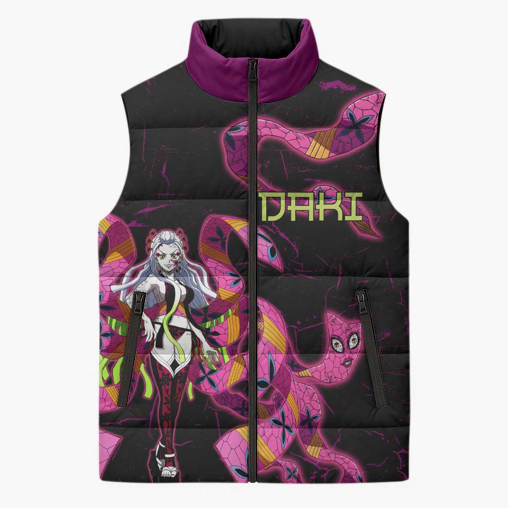 Daki Demon Slayer Theme Sleeveless Puffer Jacket with Obi Sash Design and Neon Pink Green Graphic Elements - The Mazicc