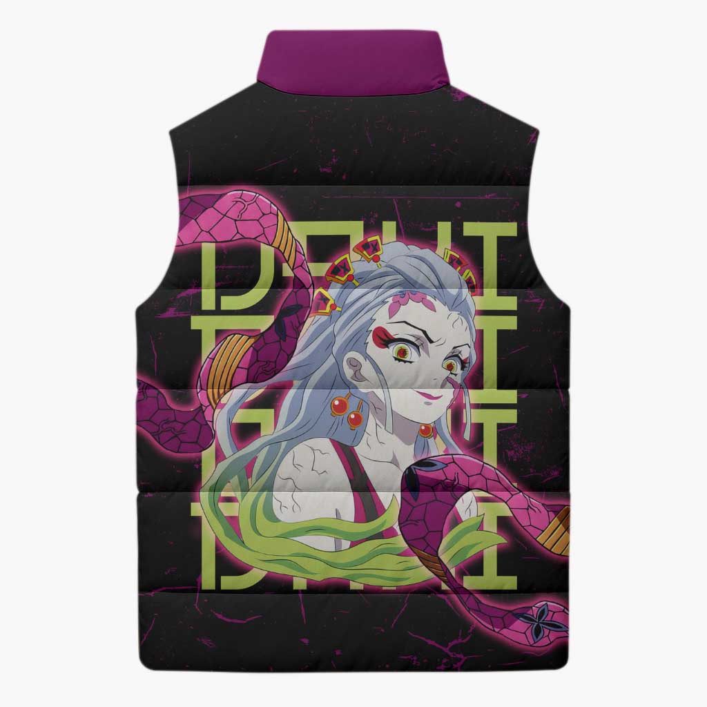 Daki Demon Slayer Theme Sleeveless Puffer Jacket with Obi Sash Design and Neon Pink Green Graphic Elements - The Mazicc