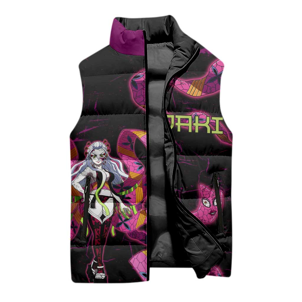 Daki Demon Slayer Theme Sleeveless Puffer Jacket with Obi Sash Design and Neon Pink Green Graphic Elements - The Mazicc