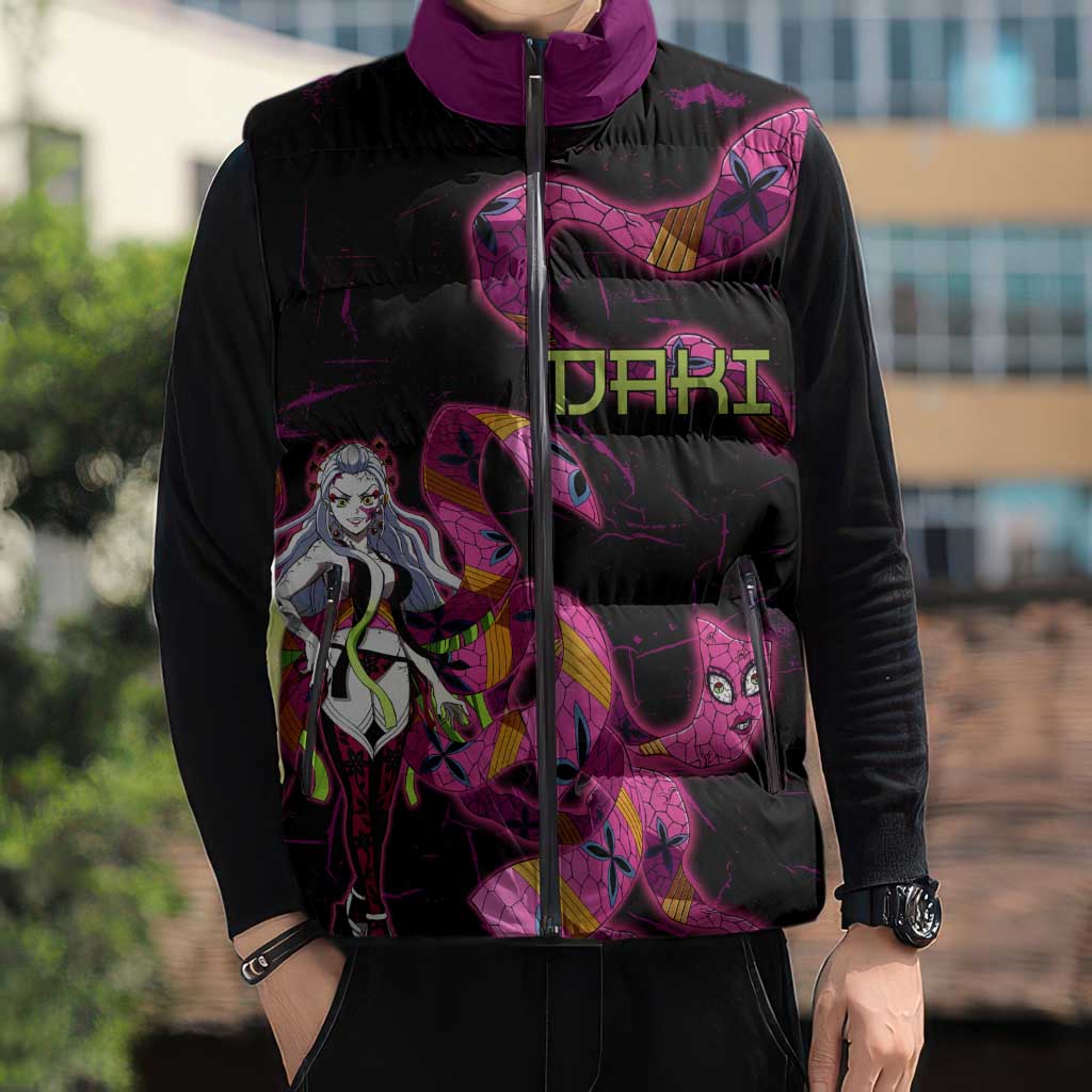 Daki Demon Slayer Theme Sleeveless Puffer Jacket with Obi Sash Design and Neon Pink Green Graphic Elements - The Mazicc
