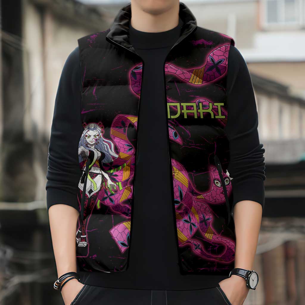 Daki Demon Slayer Theme Sleeveless Puffer Jacket with Obi Sash Design and Neon Pink Green Graphic Elements - The Mazicc