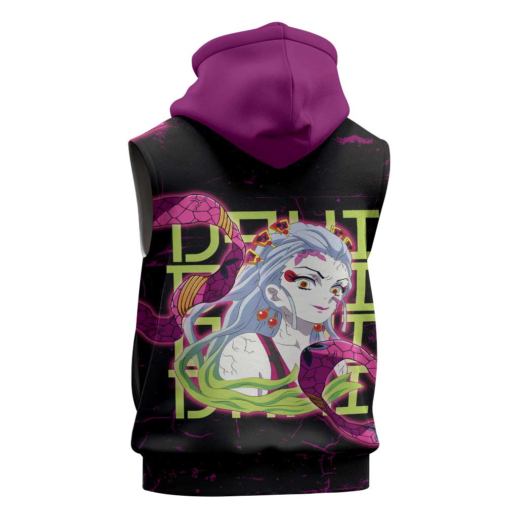 Daki Demon Slayer Theme Sleeveless Zip Hoodie with Obi Sash Design and Neon Pink Green Graphic Elements - The Mazicc