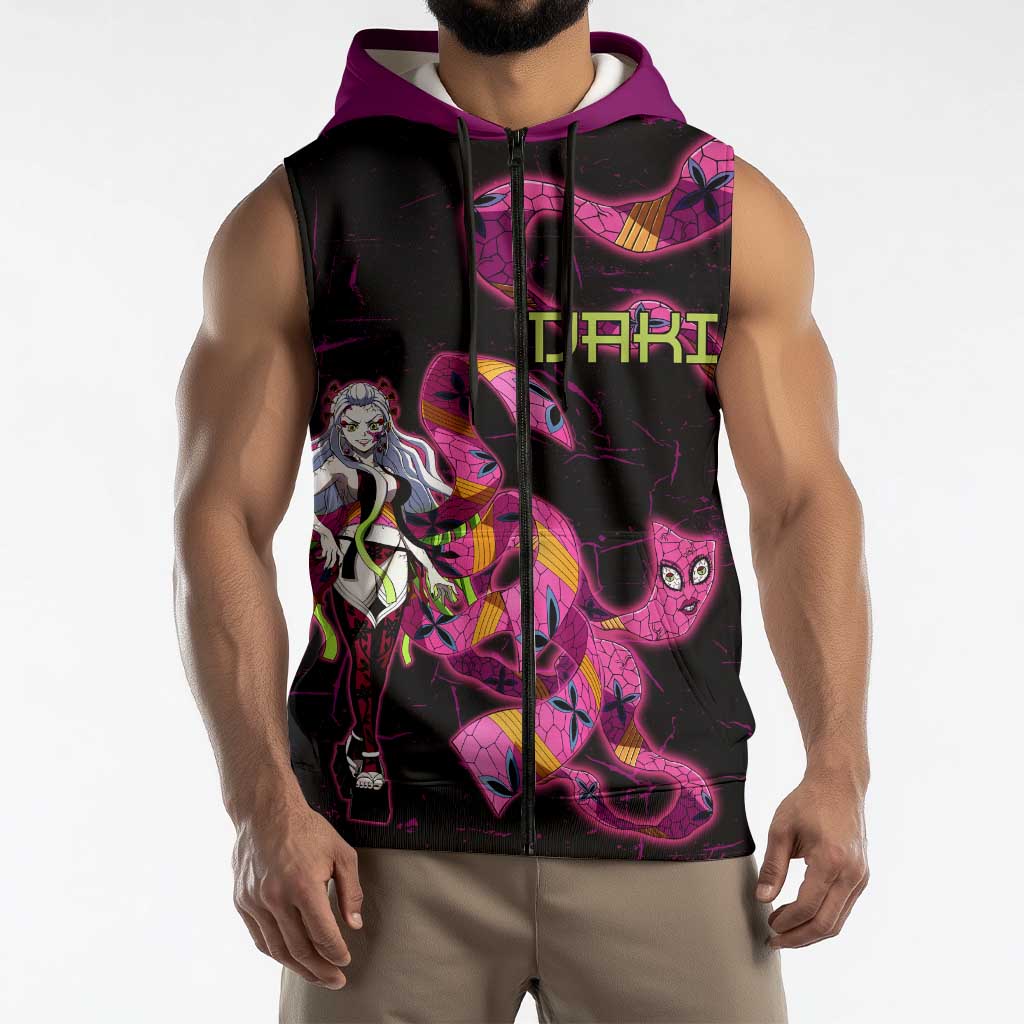 Daki Demon Slayer Theme Sleeveless Zip Hoodie with Obi Sash Design and Neon Pink Green Graphic Elements - The Mazicc