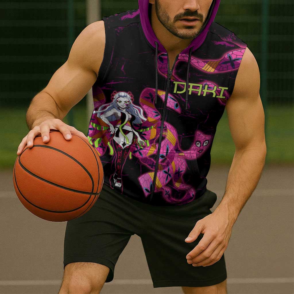 Daki Demon Slayer Theme Sleeveless Zip Hoodie with Obi Sash Design and Neon Pink Green Graphic Elements - The Mazicc