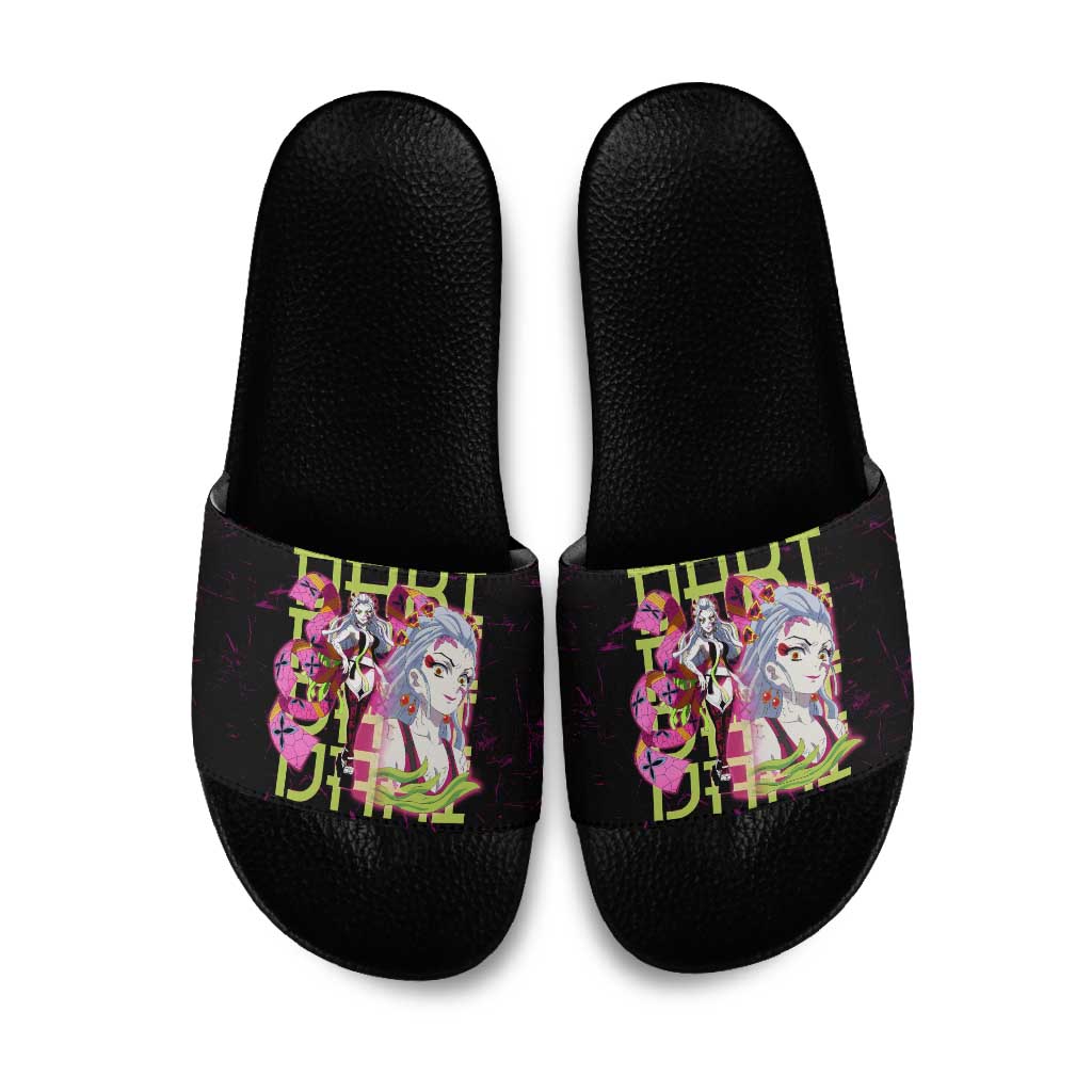 Daki Demon Slayer Theme Slide Sandals with Obi Sash Design and Neon Pink Green Graphic Elements - The Mazicc