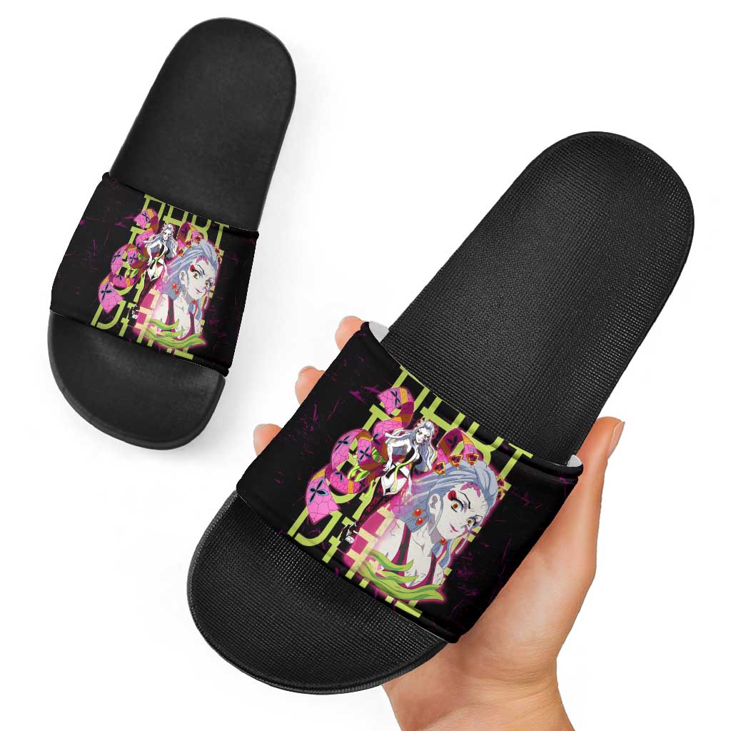 Daki Demon Slayer Theme Slide Sandals with Obi Sash Design and Neon Pink Green Graphic Elements - The Mazicc