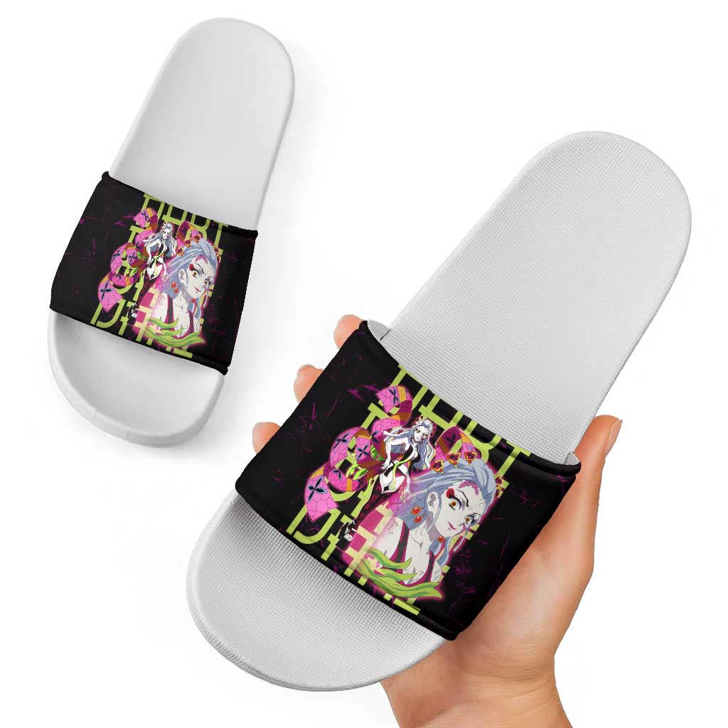 Daki Demon Slayer Theme Slide Sandals with Obi Sash Design and Neon Pink Green Graphic Elements - The Mazicc