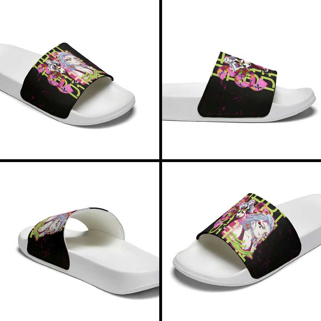 Daki Demon Slayer Theme Slide Sandals with Obi Sash Design and Neon Pink Green Graphic Elements - The Mazicc