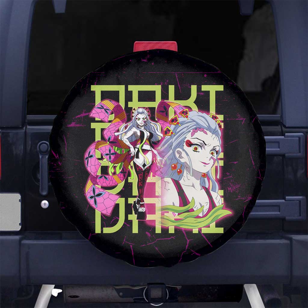 Daki Demon Slayer Theme Spare Tire Cover with Obi Sash Design and Neon Pink Green Graphic Elements - The Mazicc