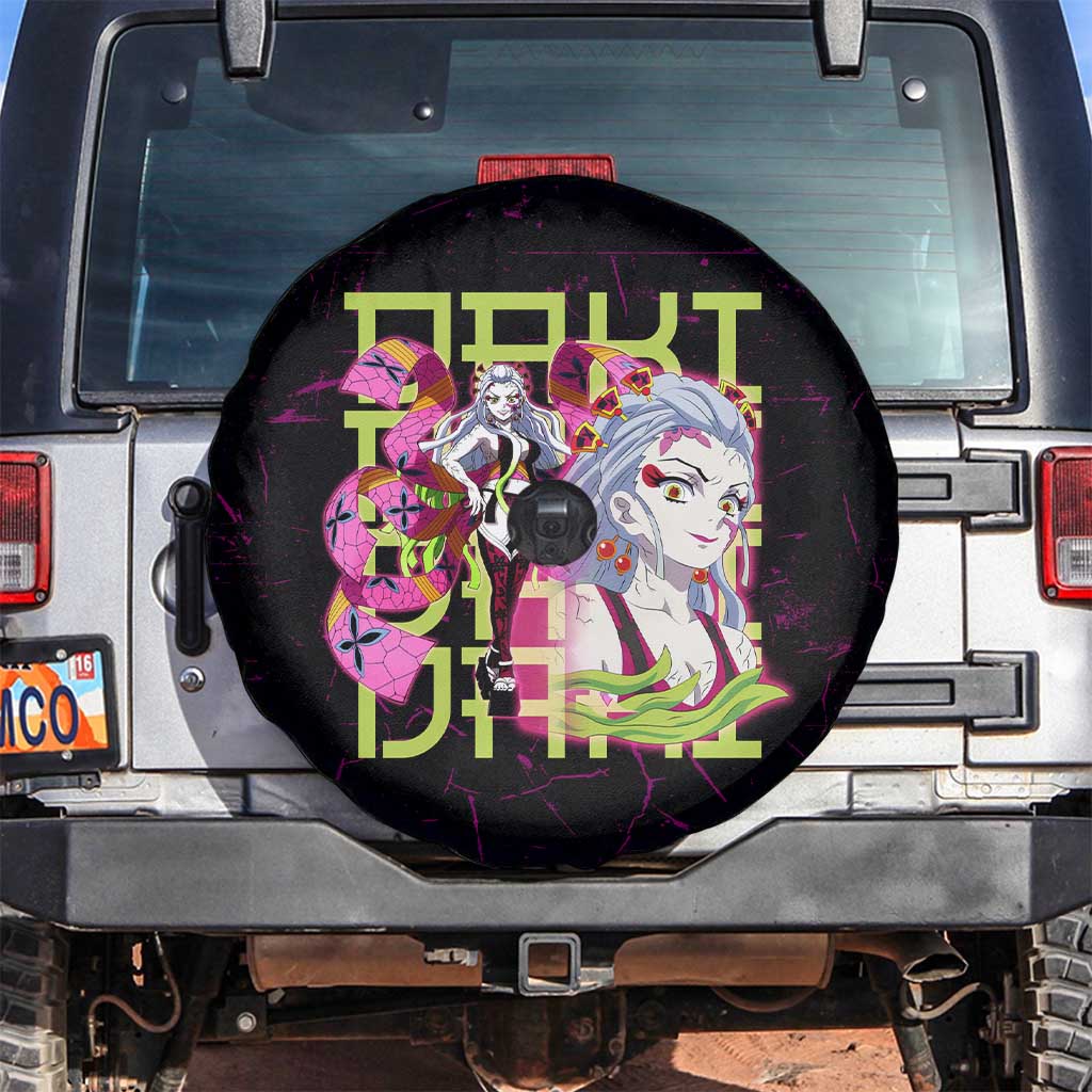 Daki Demon Slayer Theme Spare Tire Cover with Obi Sash Design and Neon Pink Green Graphic Elements - The Mazicc