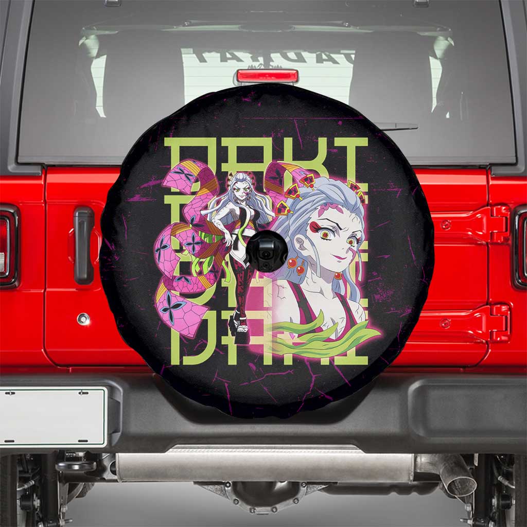 Daki Demon Slayer Theme Spare Tire Cover with Obi Sash Design and Neon Pink Green Graphic Elements - The Mazicc
