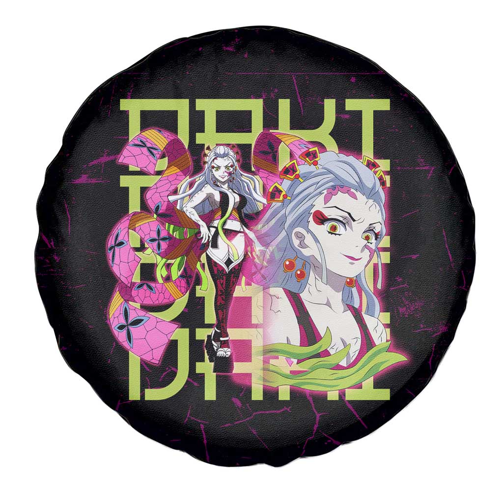 Daki Demon Slayer Theme Spare Tire Cover with Obi Sash Design and Neon Pink Green Graphic Elements - The Mazicc
