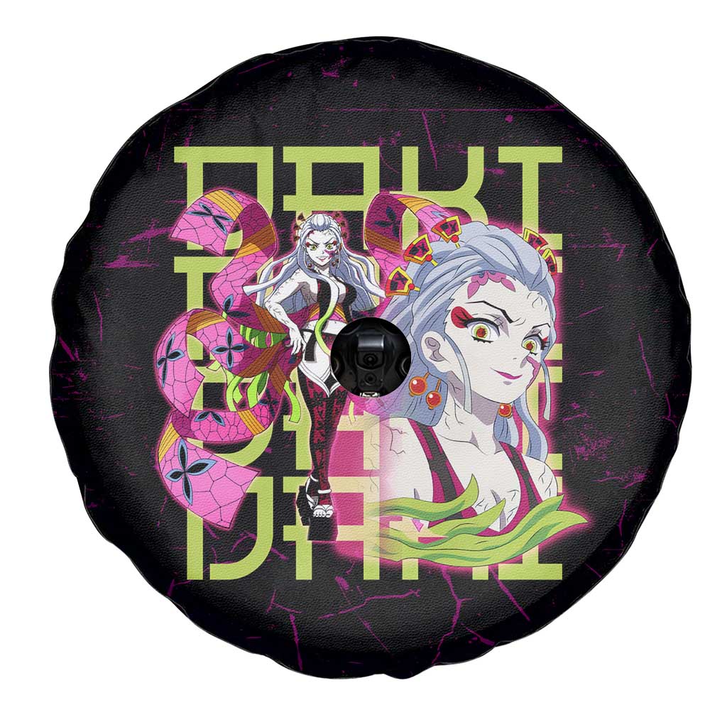 Daki Demon Slayer Theme Spare Tire Cover with Obi Sash Design and Neon Pink Green Graphic Elements - The Mazicc