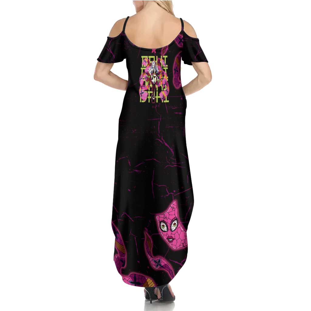 Daki Demon Slayer Theme Summer Maxi Dress with Obi Sash Design and Neon Pink Green Graphic Elements - The Mazicc