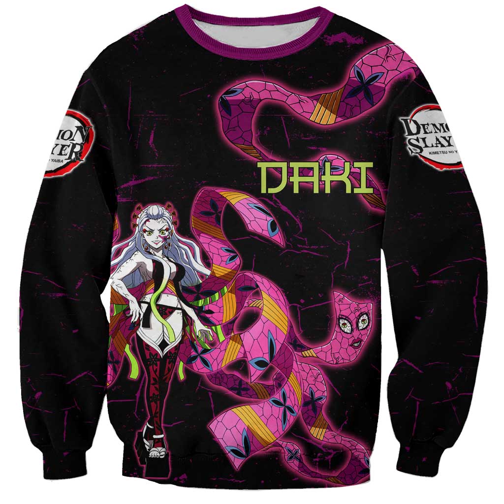 Daki Demon Slayer Theme Sweatshirt with Obi Sash Design and Neon Pink Green Graphic Elements - The Mazicc