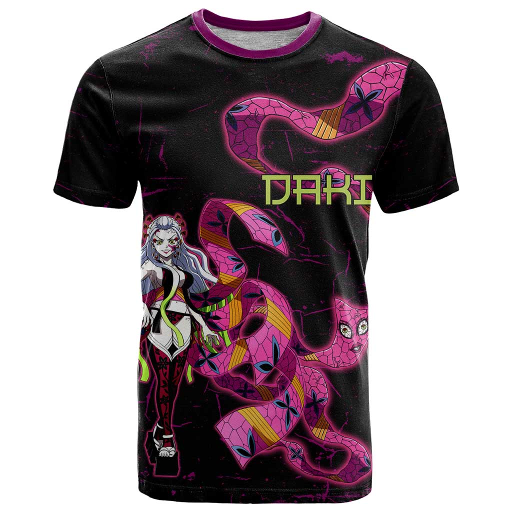 Daki Demon Slayer Theme T Shirt with Obi Sash Design and Neon Pink Green Graphic Elements - The Mazicc
