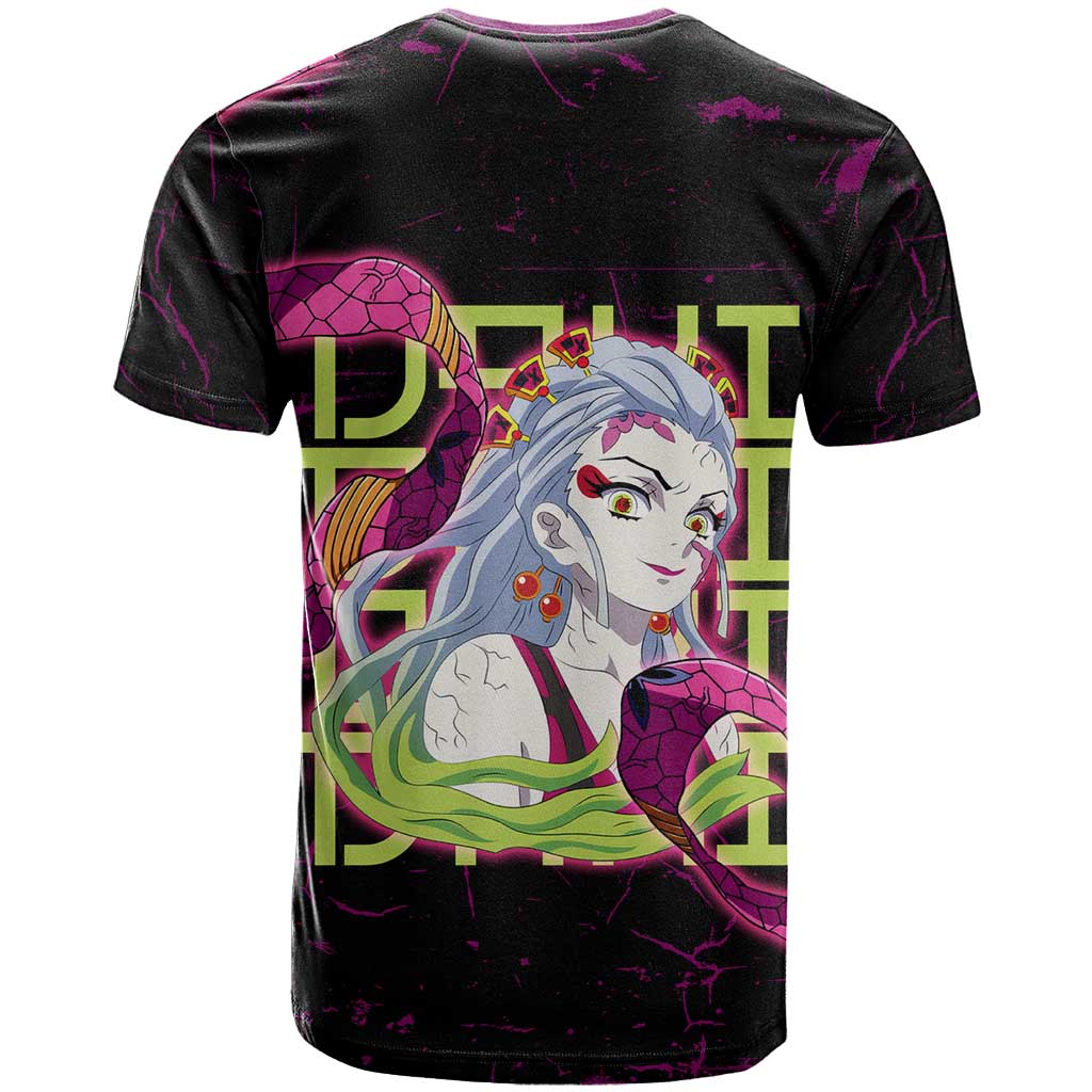 Daki Demon Slayer Theme T Shirt with Obi Sash Design and Neon Pink Green Graphic Elements - The Mazicc