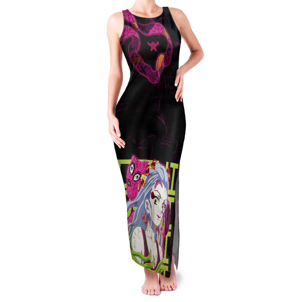 Daki Demon Slayer Theme Tank Maxi Dress with Obi Sash Design and Neon Pink Green Graphic Elements - The Mazicc