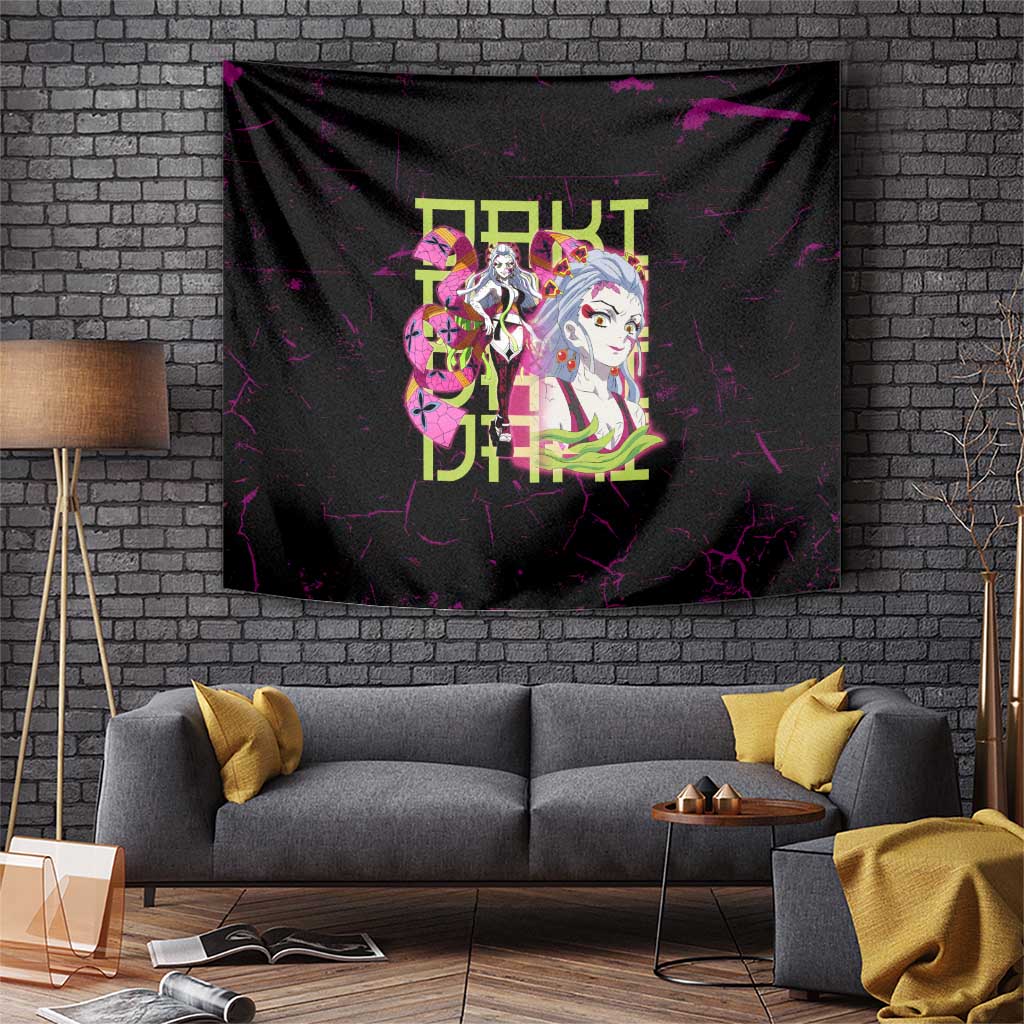 Daki Demon Slayer Theme Tapestry with Obi Sash Design and Neon Pink Green Graphic Elements - The Mazicc