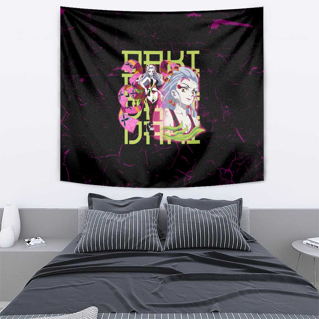 Daki Demon Slayer Theme Tapestry with Obi Sash Design and Neon Pink Green Graphic Elements - The Mazicc
