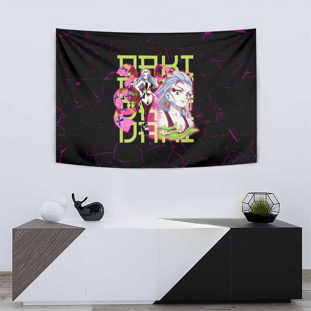 Daki Demon Slayer Theme Tapestry with Obi Sash Design and Neon Pink Green Graphic Elements - The Mazicc