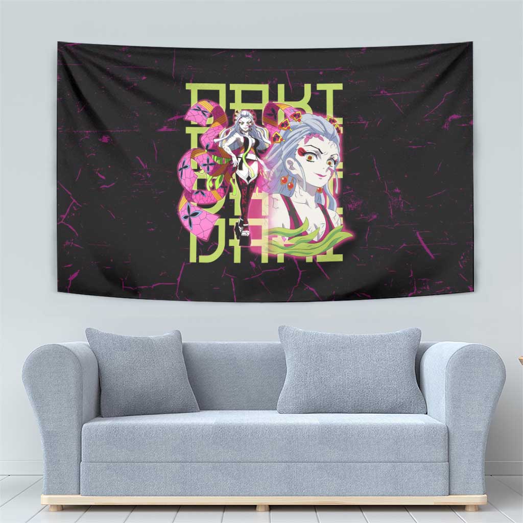Daki Demon Slayer Theme Tapestry with Obi Sash Design and Neon Pink Green Graphic Elements - The Mazicc