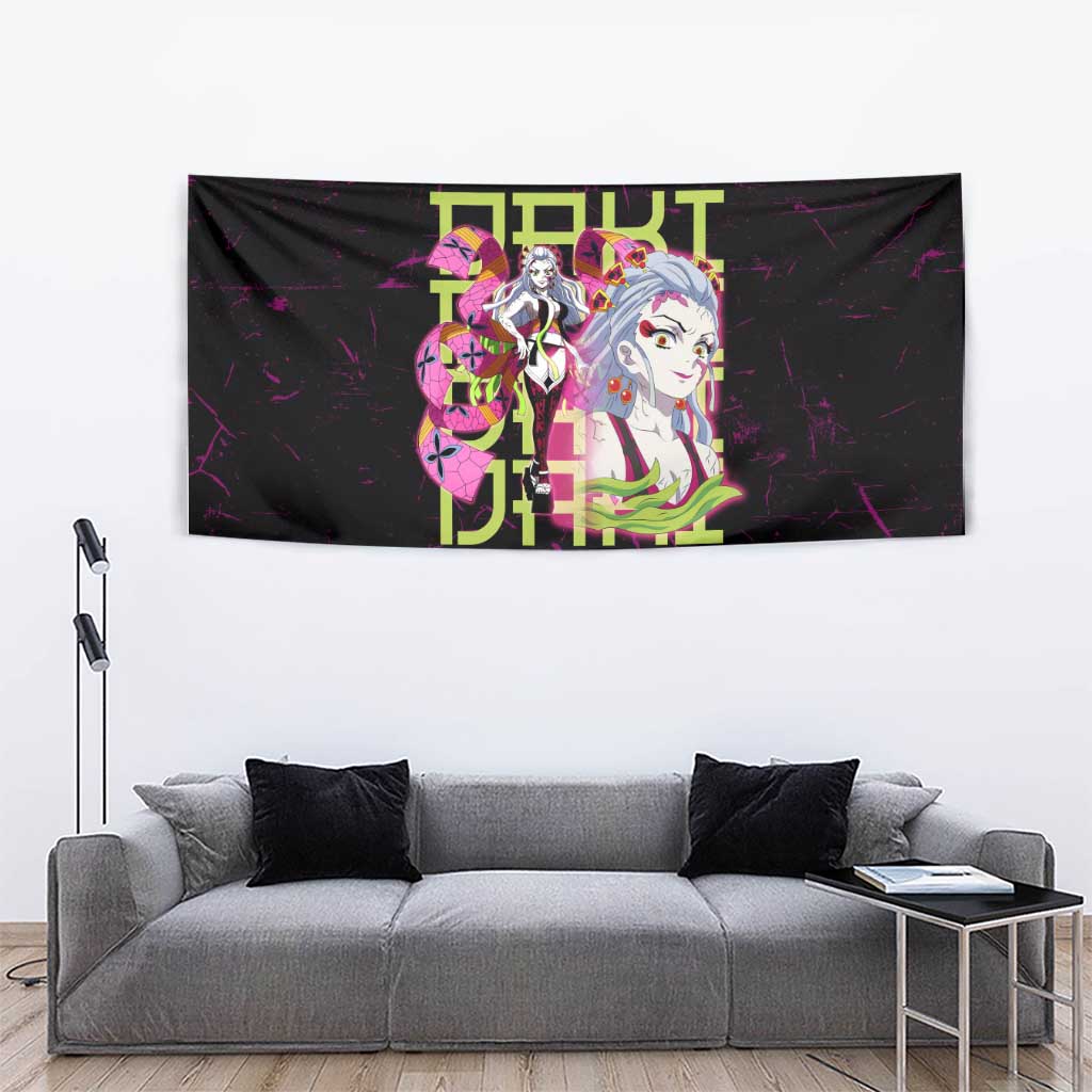 Daki Demon Slayer Theme Tapestry with Obi Sash Design and Neon Pink Green Graphic Elements - The Mazicc
