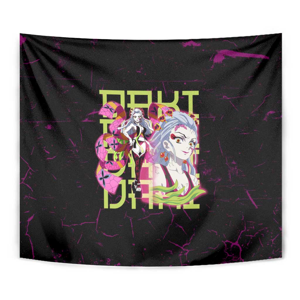 Daki Demon Slayer Theme Tapestry with Obi Sash Design and Neon Pink Green Graphic Elements - The Mazicc