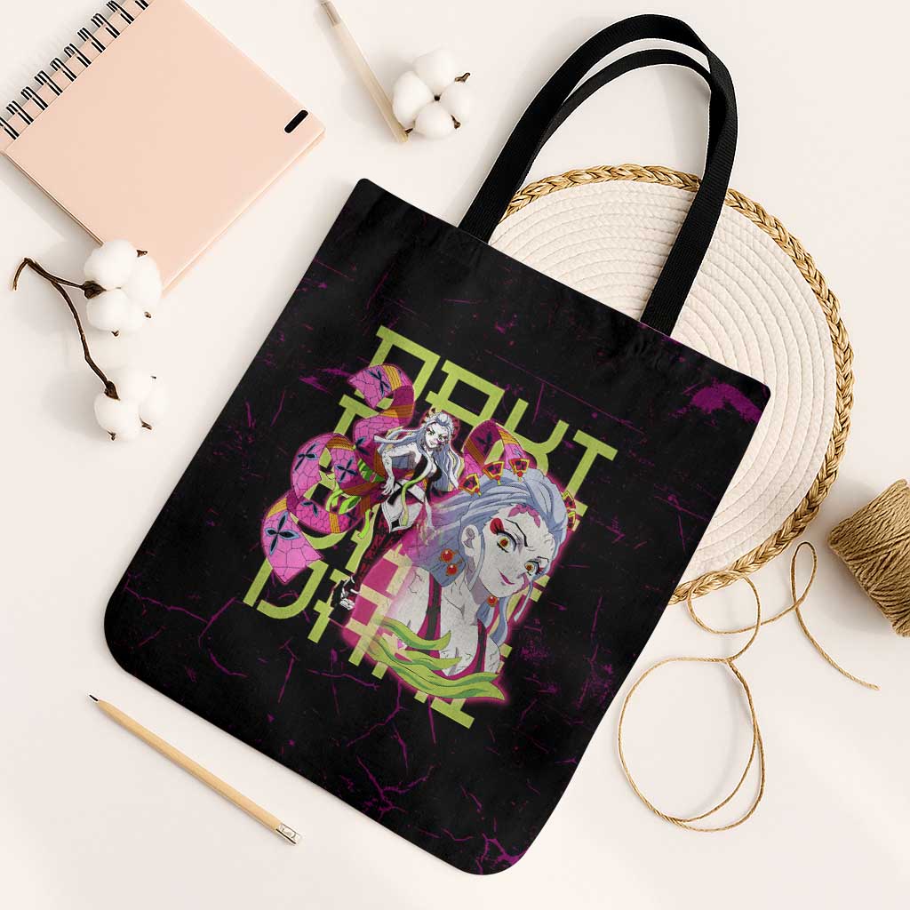 Daki Demon Slayer Theme Tote Bag with Obi Sash Design and Neon Pink Green Graphic Elements - The Mazicc
