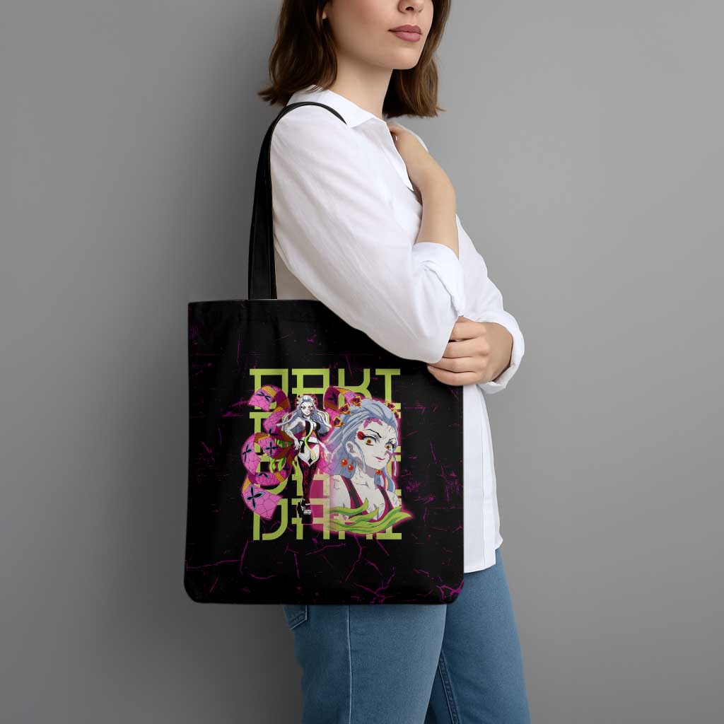 Daki Demon Slayer Theme Tote Bag with Obi Sash Design and Neon Pink Green Graphic Elements - The Mazicc
