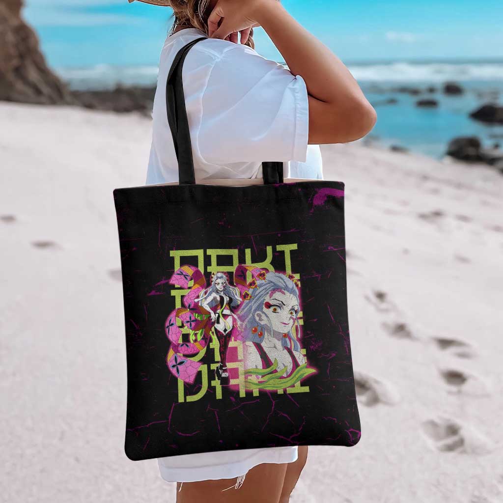Daki Demon Slayer Theme Tote Bag with Obi Sash Design and Neon Pink Green Graphic Elements - The Mazicc