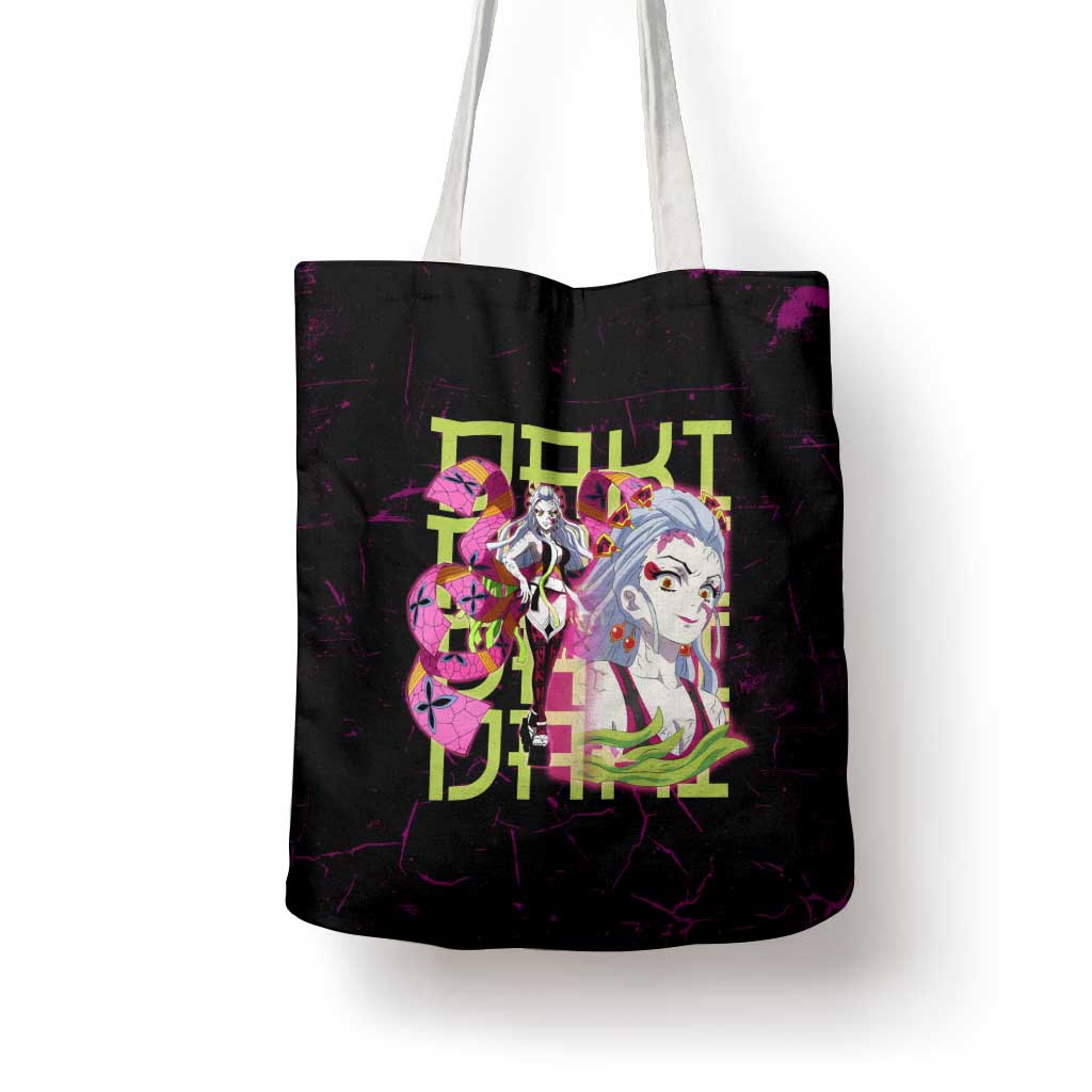 Daki Demon Slayer Theme Tote Bag with Obi Sash Design and Neon Pink Green Graphic Elements - The Mazicc
