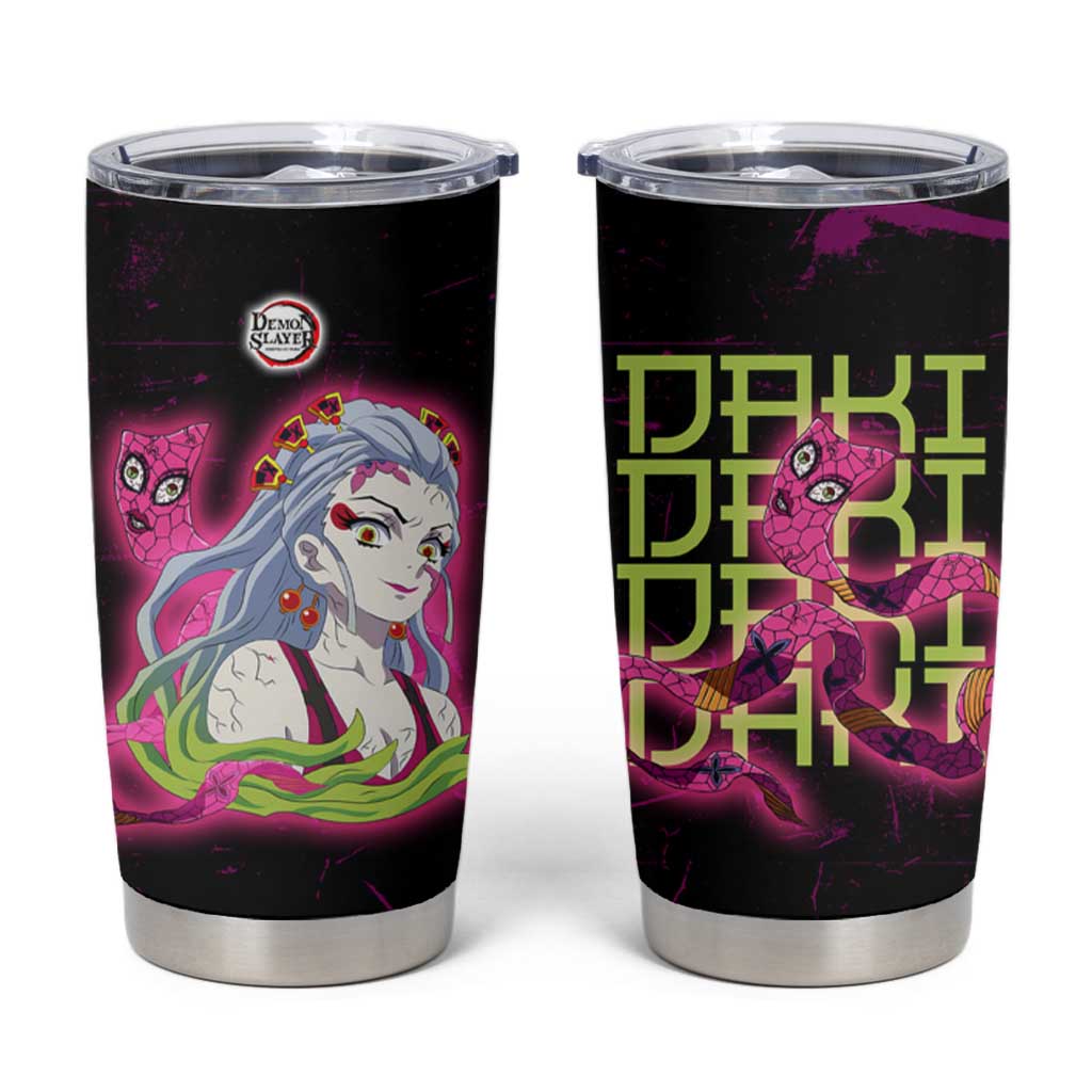 Daki Demon Slayer Theme Tumbler Cup with Obi Sash Design and Neon Pink Green Graphic Elements - The Mazicc