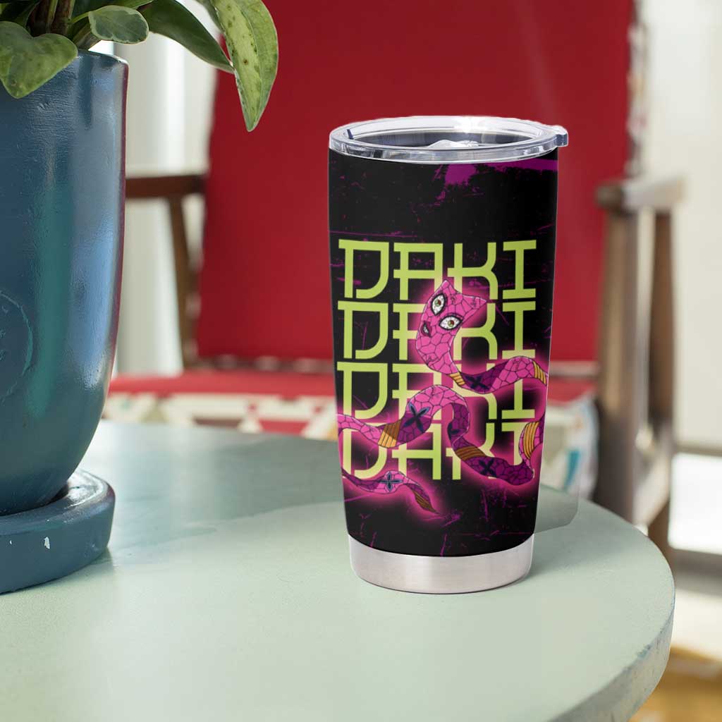 Daki Demon Slayer Theme Tumbler Cup with Obi Sash Design and Neon Pink Green Graphic Elements - The Mazicc