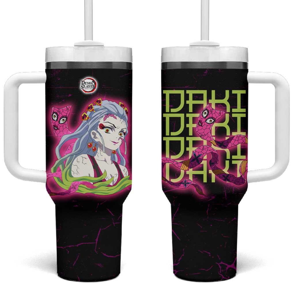 Daki Demon Slayer Theme Tumbler With Handle with Obi Sash Design and Neon Pink Green Graphic Elements - The Mazicc