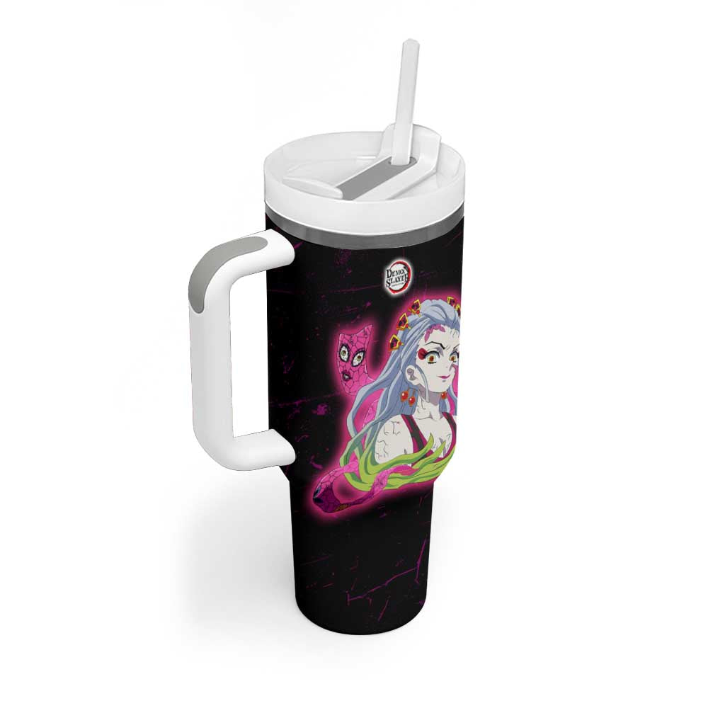 Daki Demon Slayer Theme Tumbler With Handle with Obi Sash Design and Neon Pink Green Graphic Elements - The Mazicc