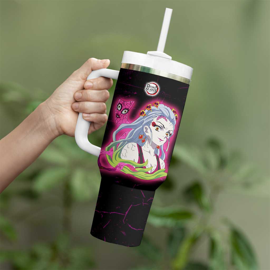 Daki Demon Slayer Theme Tumbler With Handle with Obi Sash Design and Neon Pink Green Graphic Elements - The Mazicc
