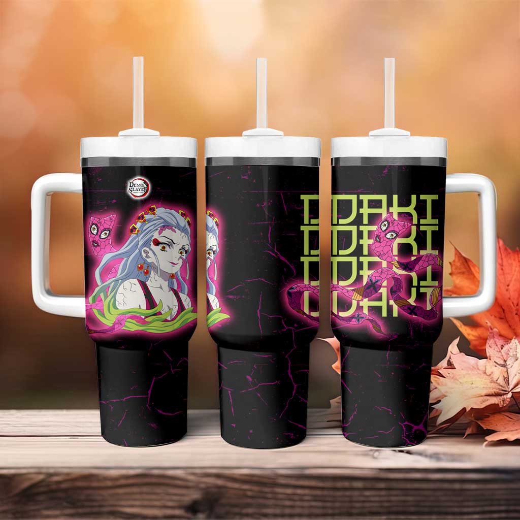 Daki Demon Slayer Theme Tumbler With Handle with Obi Sash Design and Neon Pink Green Graphic Elements - The Mazicc