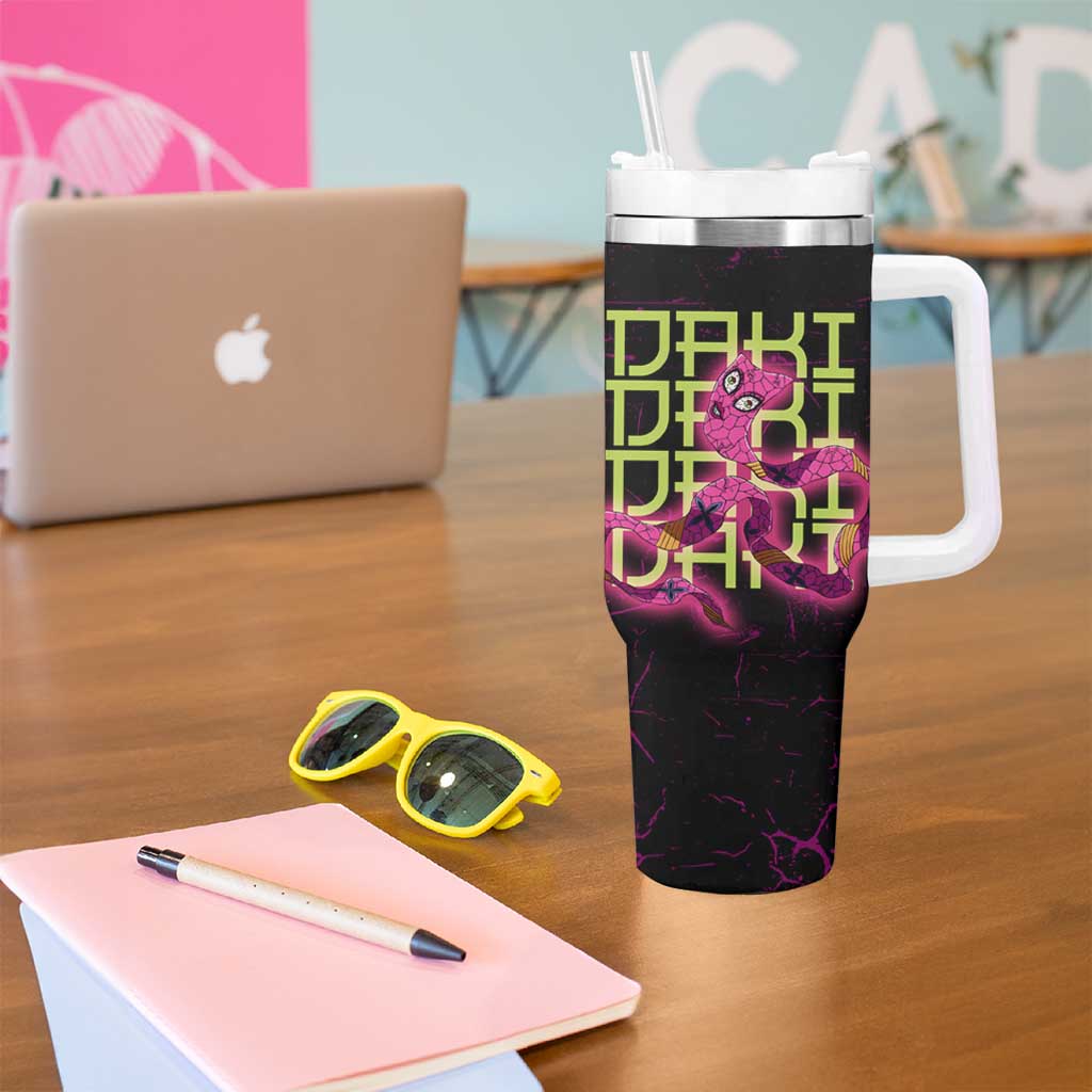 Daki Demon Slayer Theme Tumbler With Handle with Obi Sash Design and Neon Pink Green Graphic Elements - The Mazicc