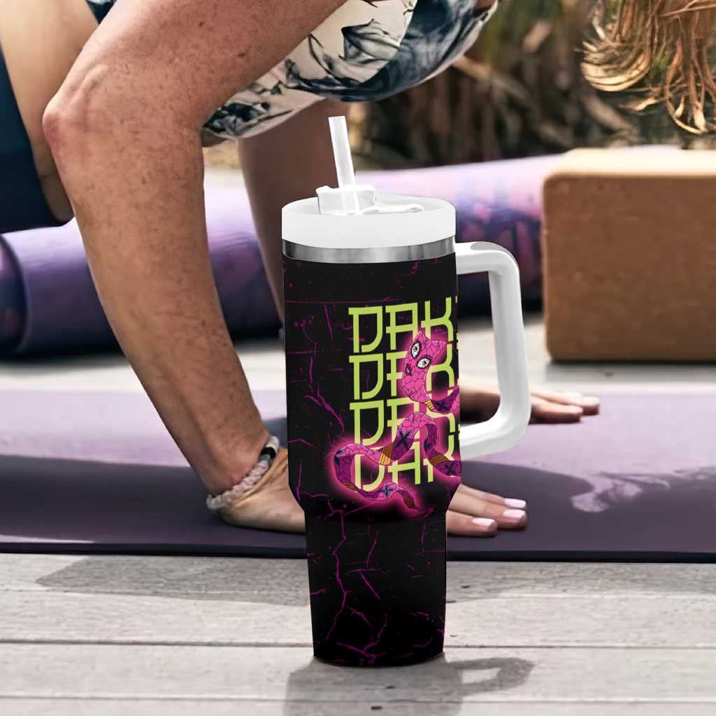 Daki Demon Slayer Theme Tumbler With Handle with Obi Sash Design and Neon Pink Green Graphic Elements - The Mazicc