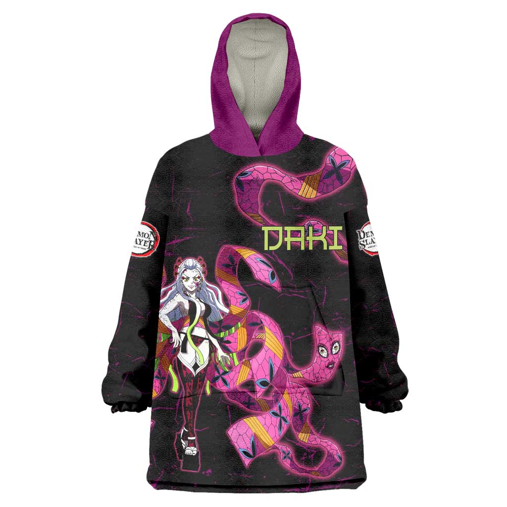 Daki Demon Slayer Theme Wearable Blanket Hoodie with Obi Sash Design and Neon Pink Green Graphic Elements - The Mazicc