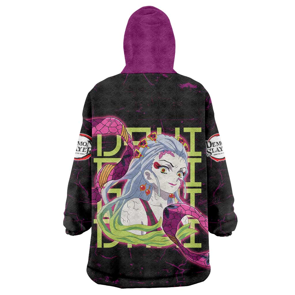 Daki Demon Slayer Theme Wearable Blanket Hoodie with Obi Sash Design and Neon Pink Green Graphic Elements - The Mazicc