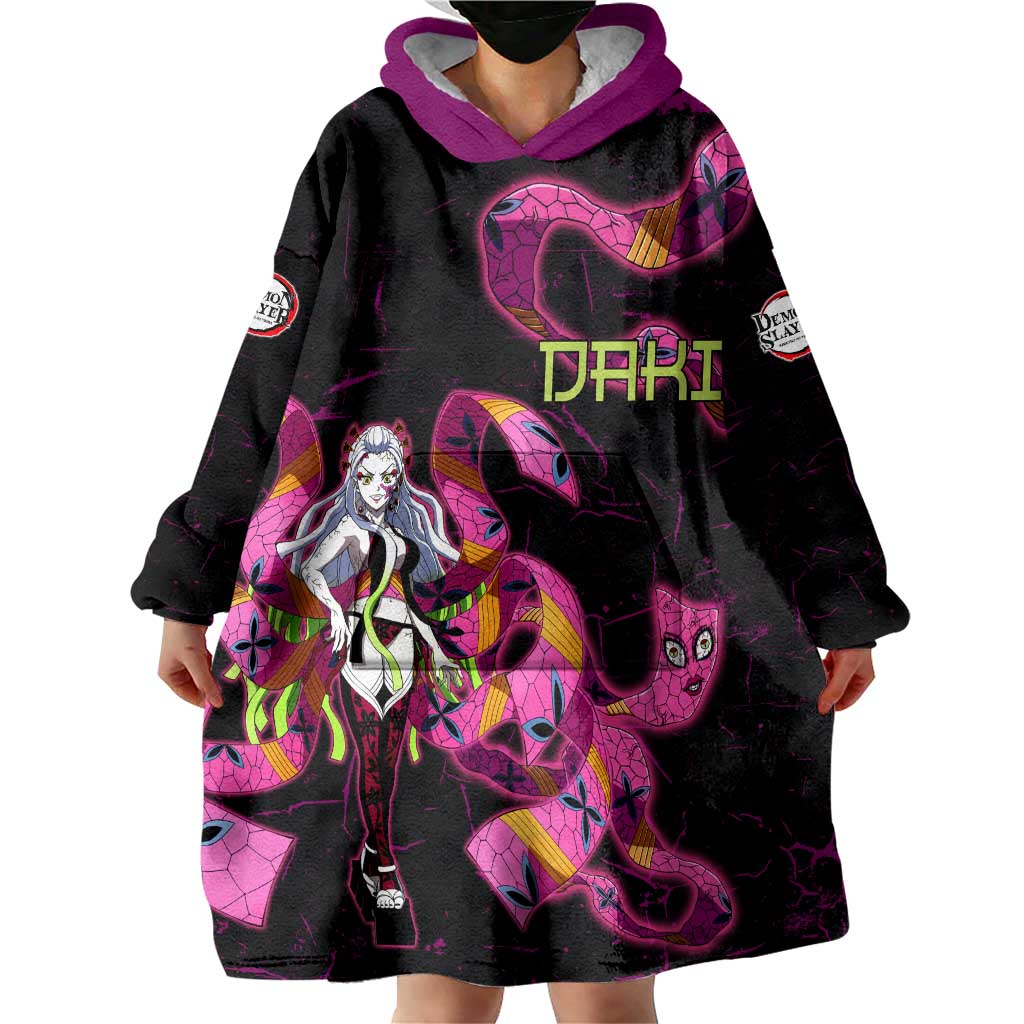 Daki Demon Slayer Theme Wearable Blanket Hoodie with Obi Sash Design and Neon Pink Green Graphic Elements - The Mazicc