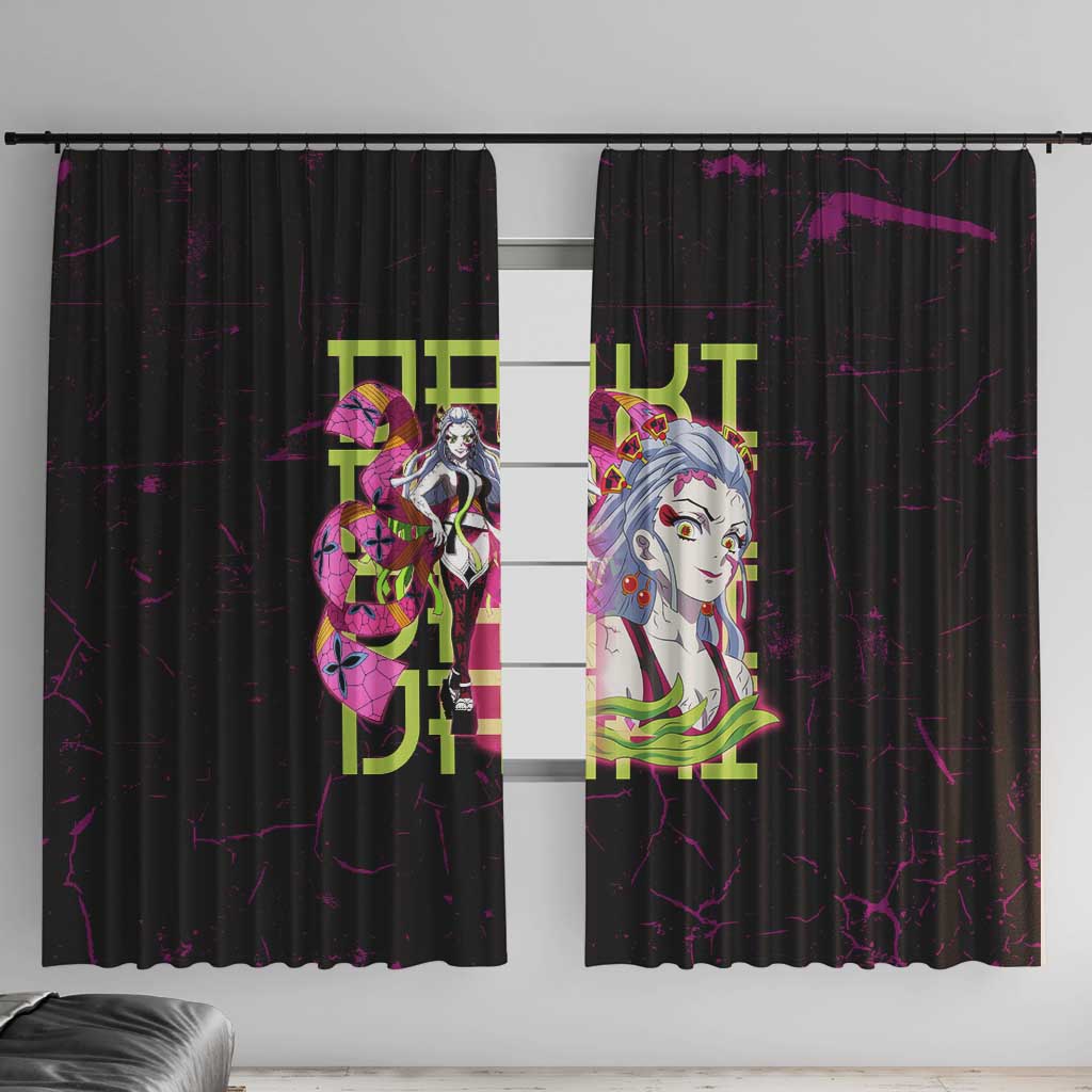 Daki Demon Slayer Theme Window Curtain with Obi Sash Design and Neon Pink Green Graphic Elements - The Mazicc