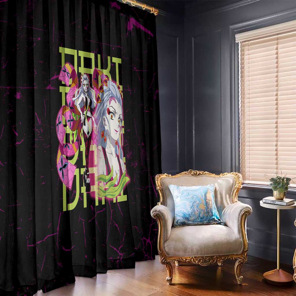 Daki Demon Slayer Theme Window Curtain with Obi Sash Design and Neon Pink Green Graphic Elements - The Mazicc
