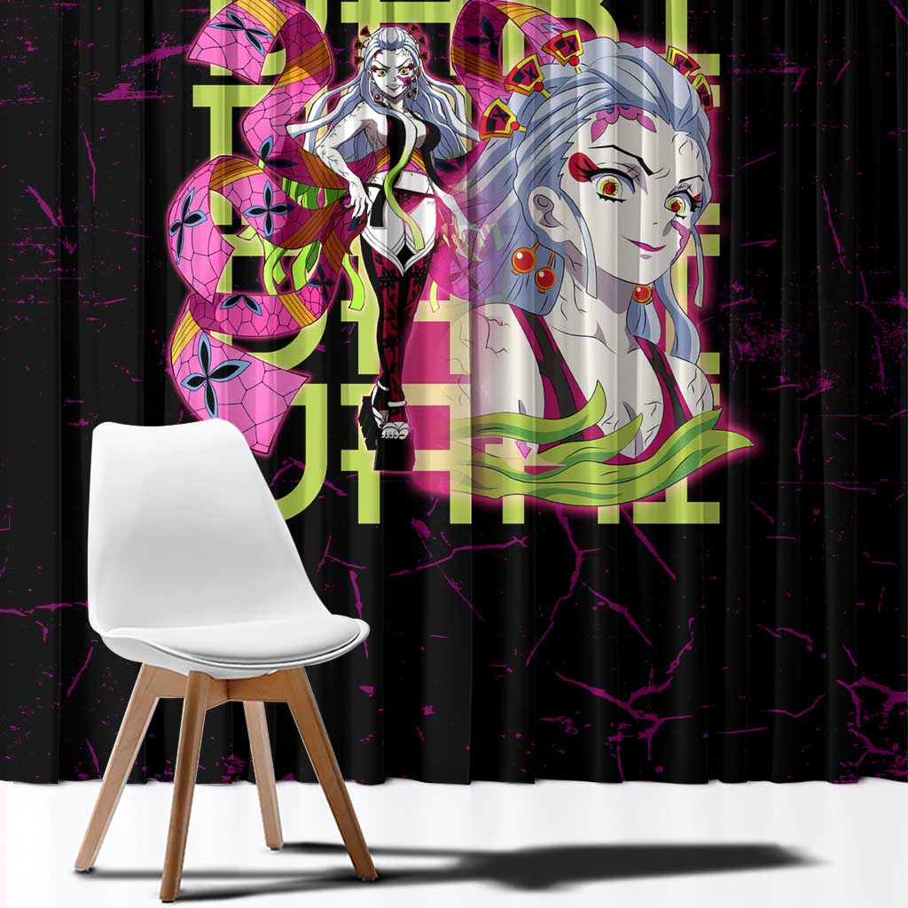 Daki Demon Slayer Theme Window Curtain with Obi Sash Design and Neon Pink Green Graphic Elements - The Mazicc