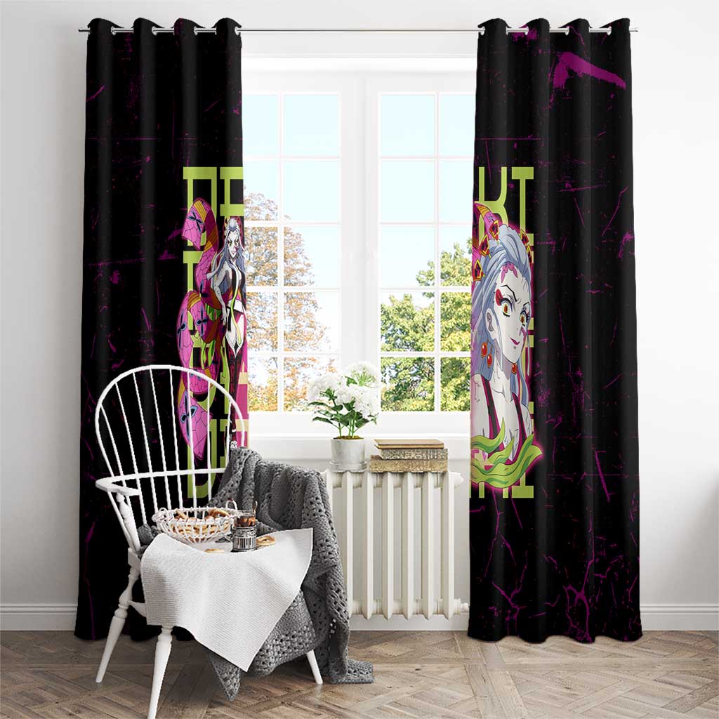Daki Demon Slayer Theme Window Curtain with Obi Sash Design and Neon Pink Green Graphic Elements - The Mazicc