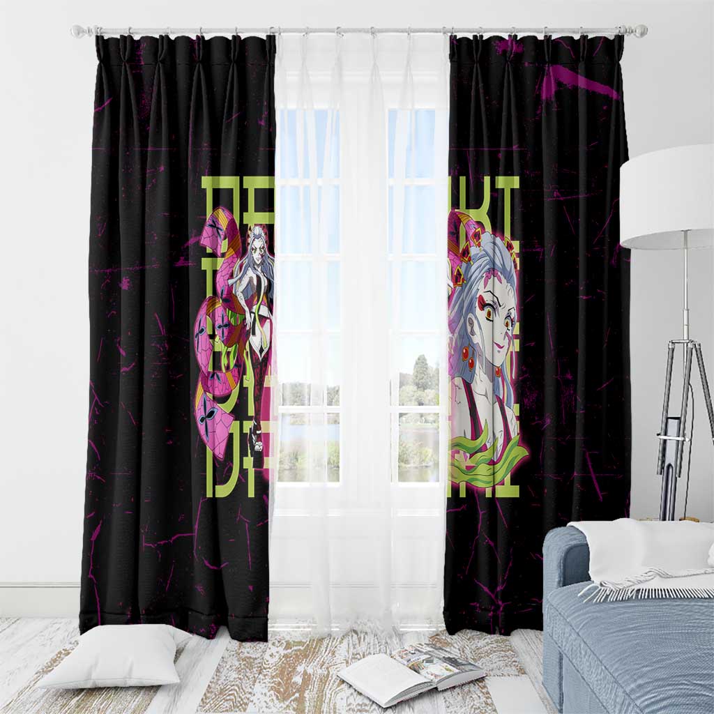 Daki Demon Slayer Theme Window Curtain with Obi Sash Design and Neon Pink Green Graphic Elements - The Mazicc