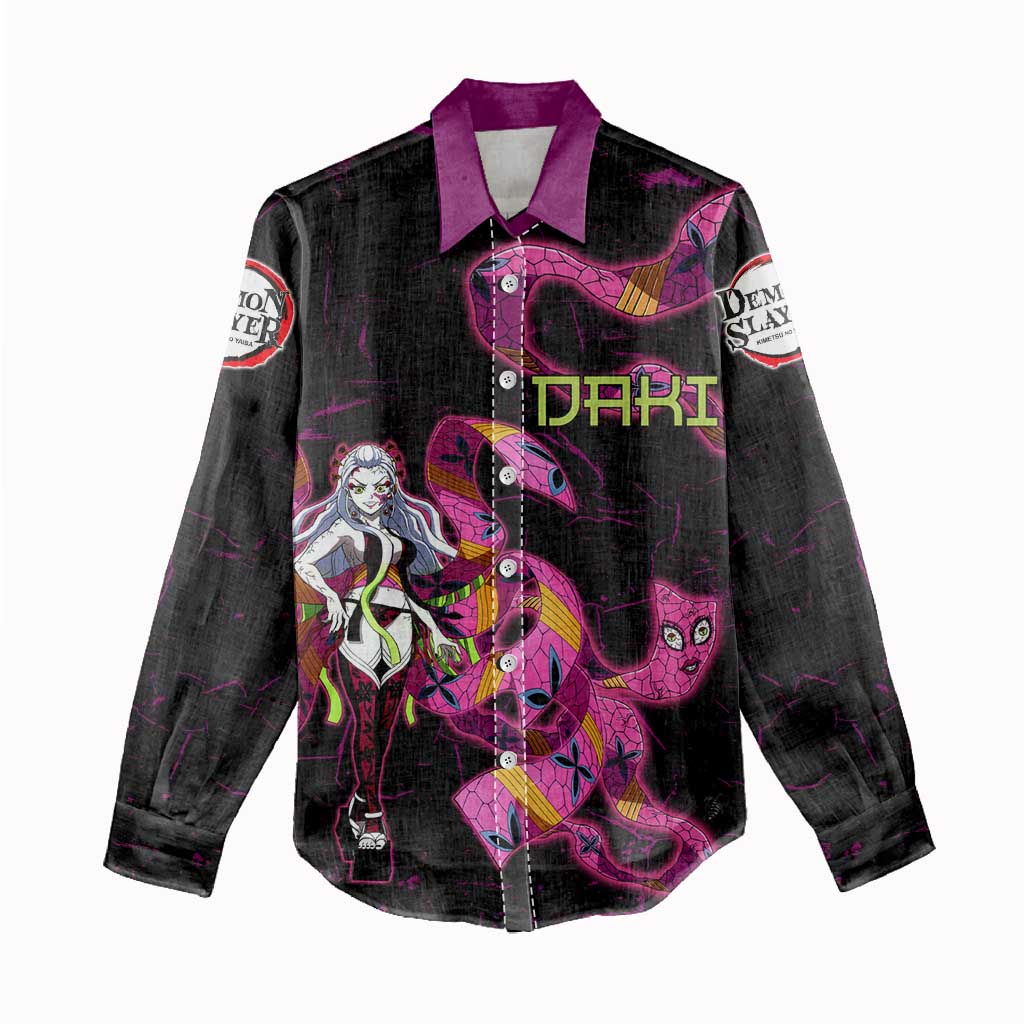 Daki Demon Slayer Theme Women Casual Shirt with Obi Sash Design and Neon Pink Green Graphic Elements - The Mazicc
